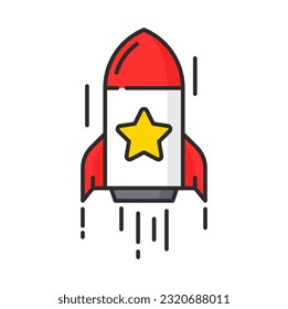 Rocket with loyalty point star icon of special benefits, reward or bonuses growth. Vector thin line symbol of rocket with gold star, customer loyalty incentive program or shopping bonus system