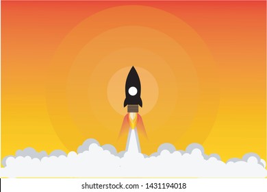 Rocket Lunch out to the Space, Start up concept Flat paper cut Style.