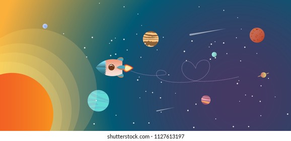 Rocket made paper on solar planets floating in space,Paper art idea and craft style.