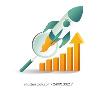 Rocket with magnifying glass arrow symbolizing speed searching engine optimization