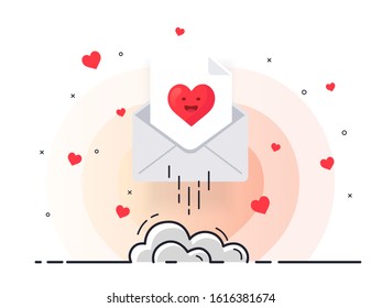 Rocket of mail envelope with red heart and explosive graphic elements. Trendy flat vector illustration.