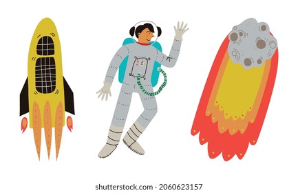 Rocket and Man Astronaut as Cosmos and Universe Exploration Vector Set