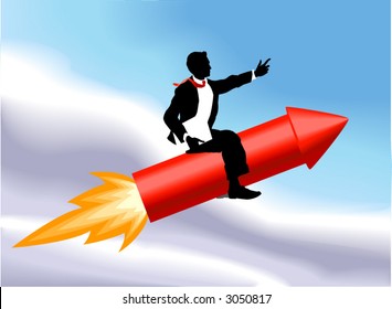 Rocket man A business man sitting astride a rocket and flying through the air. No meshes used.