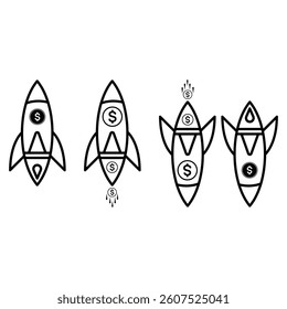 Rocket market price growth, down currency set. Black, invest, share market, currency, money, savings, fund increase and downfall into rocket, high risk investment symbol collection illustration.