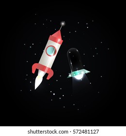 Rocket meet ufo in outer space. Cihldren illustration.