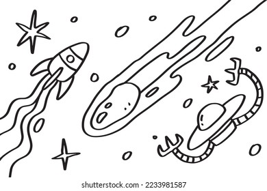 Rocket and meteor coloring page illustration design