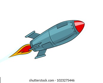 Rocket missile flying pop art style vector illustration. Isolated image on white background. Comic book style imitation. Vintage retro style.