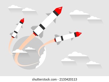 Rocket or missile launch with circle on light gray background with white clouds flat vector design.