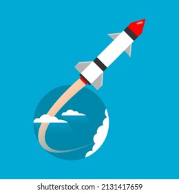 Rocket or missile launch on blue background with white clouds in circle flat vector cartoon design.