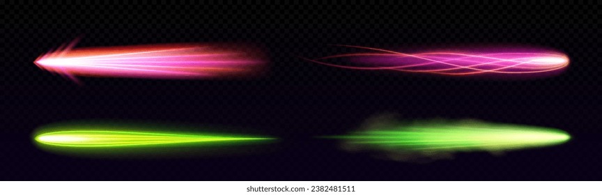 Rocket missile or star falling light vfx effect. Realistic vector illustration of green and pink magic flame with neon glowing tail with particles and steam. Space ship or cosmic object motion trail.