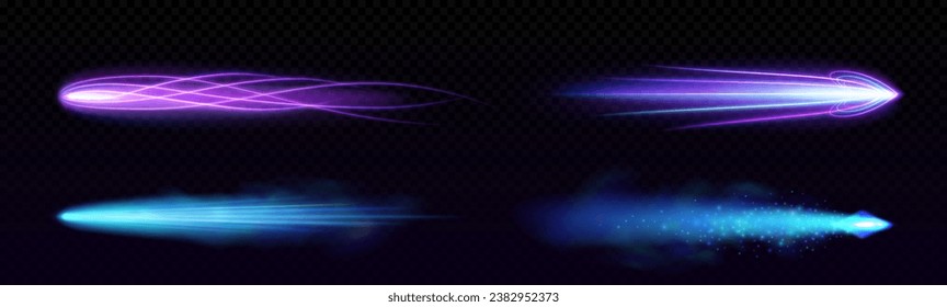 Rocket missile or star motion light trail effect. Realistic vector of purple and blue flame vfx with neon glowing tail with particles and steam. Space ship or cosmic body shine smoke streak.