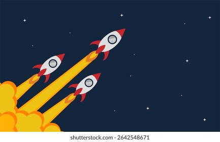 Rocket missile warhead launch frying with sky in war flat vector design.