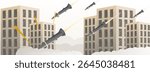 Rocket missiles hit cities. Illustration of modern war. Chaos due to ballistic missiles hitting cities at noon. World war background