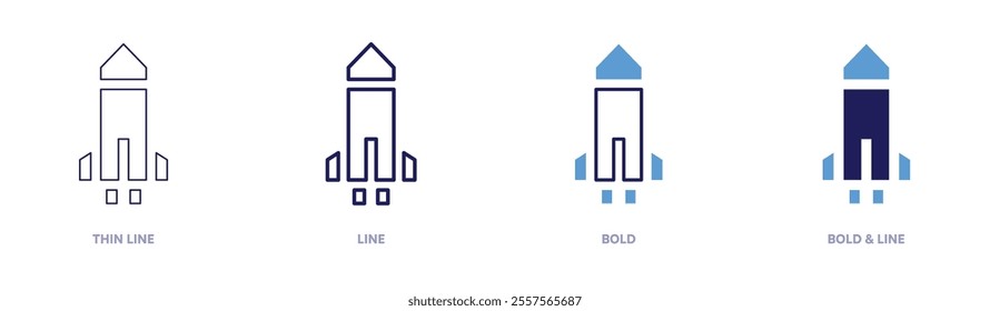 Rocket modeling icon in 4 different styles. Thin Line, Line, Bold, and Bold Line. Duotone style. Editable stroke.