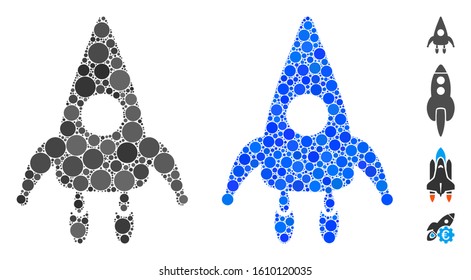 Rocket module mosaic of filled circles in various sizes and color tones, based on rocket module icon. Vector small circles are combined into blue mosaic.