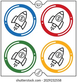 Rocket, money, start up icon with 4 different colored button options