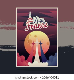 ROCKET TO MOON BASTILLE DAY POSTER WITH TYPOGRAPHY THAT MEAN LONG LIVE FRANCE
