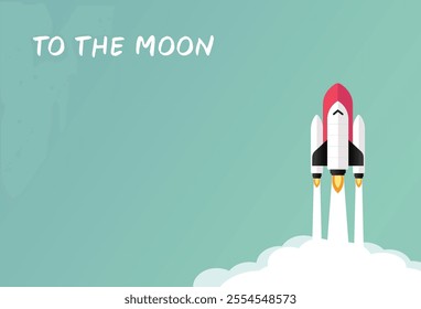 Rocket to the moon in blue background brochure. Vector Illustration