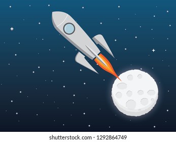 A rocket from the moon in cartoon style. spaceship - spacecraft, moon and stars.