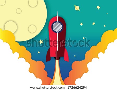 Rocket to the moon. Colorful rocket flying to the galaxy. Sky. Moon. Illustration.