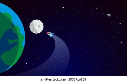 Rocket to the Moon flat illustration with copy space. A cartoon rocket flies over the planet to a satellite in space