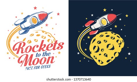 Rocket Moon Flying - Retro Logo Vector Illustration. Stamp Print Style. Grunge Distressed Texture On A Separate Layer.