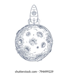 Rocket with Moon hand drawn on white background. Vector illustration