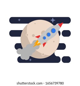 Ilustración de cohete y luna. Concepto de viaje espacial. Estilo plano. 