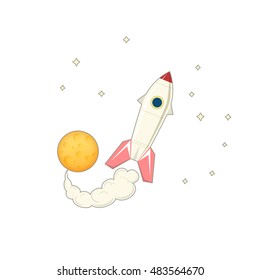 Rocket with Moon Isolated on White Background, Spacecraft Flying in Space among the Stars and Planets, Vector Illustration 