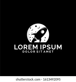 Rocket and moon logo template with night view of business illustration in flat design monogram symbol