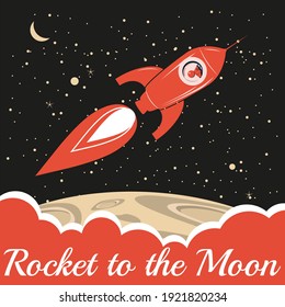 Rocket to the Moon. Retro vintage, astronaut in spacecraft. Vector illustration