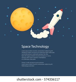 Rocket with Moon and Text,Spacecraft Flying in Space among the Stars and Planets, Poster Brochure Flyer Design,Scientific and Education Concept, Vector Illustration 