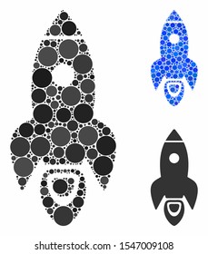 Rocket mosaic of circle elements in different sizes and shades, based on rocket icon. Vector circle elements are grouped into blue illustration. Dotted rocket icon in usual and blue versions.