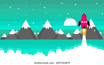 Rocket with mountain vector illustration