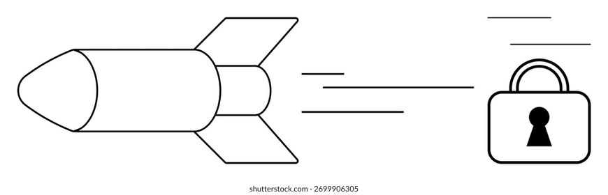 Foguete movendo-se rapidamente em direção a um cadeado com linhas de movimento rápido. Ideal para segurança cibernética, proteção de dados, velocidade, tecnologia, inovação, defesa, temas de comunicação segura. Metáfora de linha