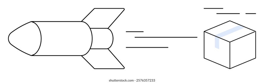 Rocket moving towards a box with speed lines emphasizing fast delivery progress and innovation. Ideal for delivery services technology startup dynamics efficiency and speed. Minimalistic simple