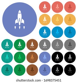 Rocket multi colored flat icons on round backgrounds. Included white, light and dark icon variations for hover and active status effects, and bonus shades.