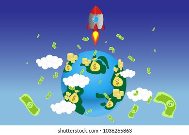 Rocket with natural resources,Business competition and leadership concept,Paper art idea,vector and illustration.