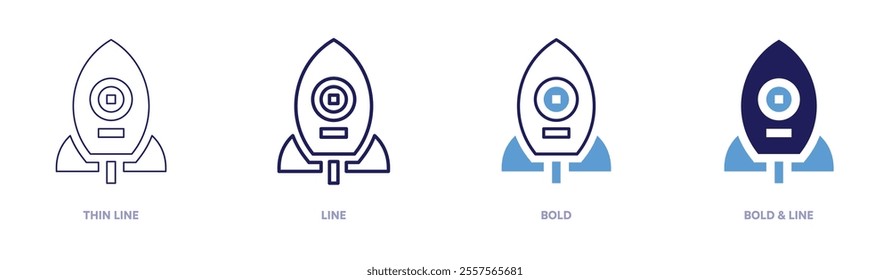 Rocket navigation icon in 4 different styles. Thin Line, Line, Bold, and Bold Line. Duotone style. Editable stroke.