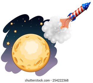 A rocket near the moon on a white background