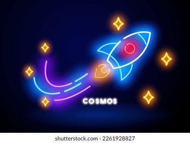 Rocket Neon Label. Vector Illustration of Space Promotion. Rocket Fast Fly neon light sign vector. Glowing bright icon blue space rocket Fast Fly sign.