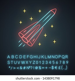 Rocket neon light icon. Missile, spacecraft, aircraft. Human spaceflight. Space exploration. Interplanetary travel. Glowing sign with alphabet, numbers and symbols. Vector isolated illustration