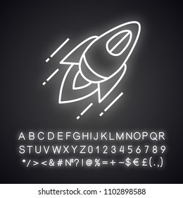 Rocket neon light icon. Startup launch. Flying spaceship. Glowing sign with alphabet, numbers and symbols. Vector isolated illustration