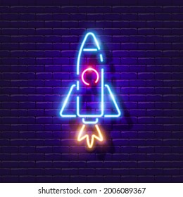 Rocket neon sign. Astronomy lesson Glowing icon. Vector illustration for design. Space concept.