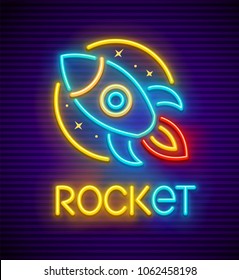 Rocket. Neon sign with spaceship flying among stars in Space. Design concept for signboard with neon illumination for rock club or karaoke bar, gradient mesh used. Vector illustration.