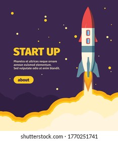 Rocket New Start Up Illustration. Take Off Spaceship From Launch Pad Star New Business Project Successfully Starting Scientific Journey Planets Completion New Start Up. Cartoon Vector Mission.