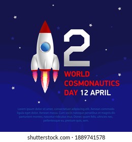 Rocket and number two against a blue sky with stars. Banner World Cosmonautics Day