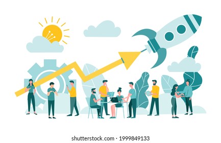 Rocket office startup teamwork Office workers are working on a new project Concept vector illustration