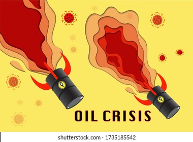 Rocket oil barrels fly down. with virus icon. Oil crisis 2020 concept. Coronavirus or COVID-19 pandemic global impact. 