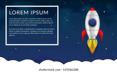 Rocket on the background of night sky with stars, frame for text, vector eps10 illustration